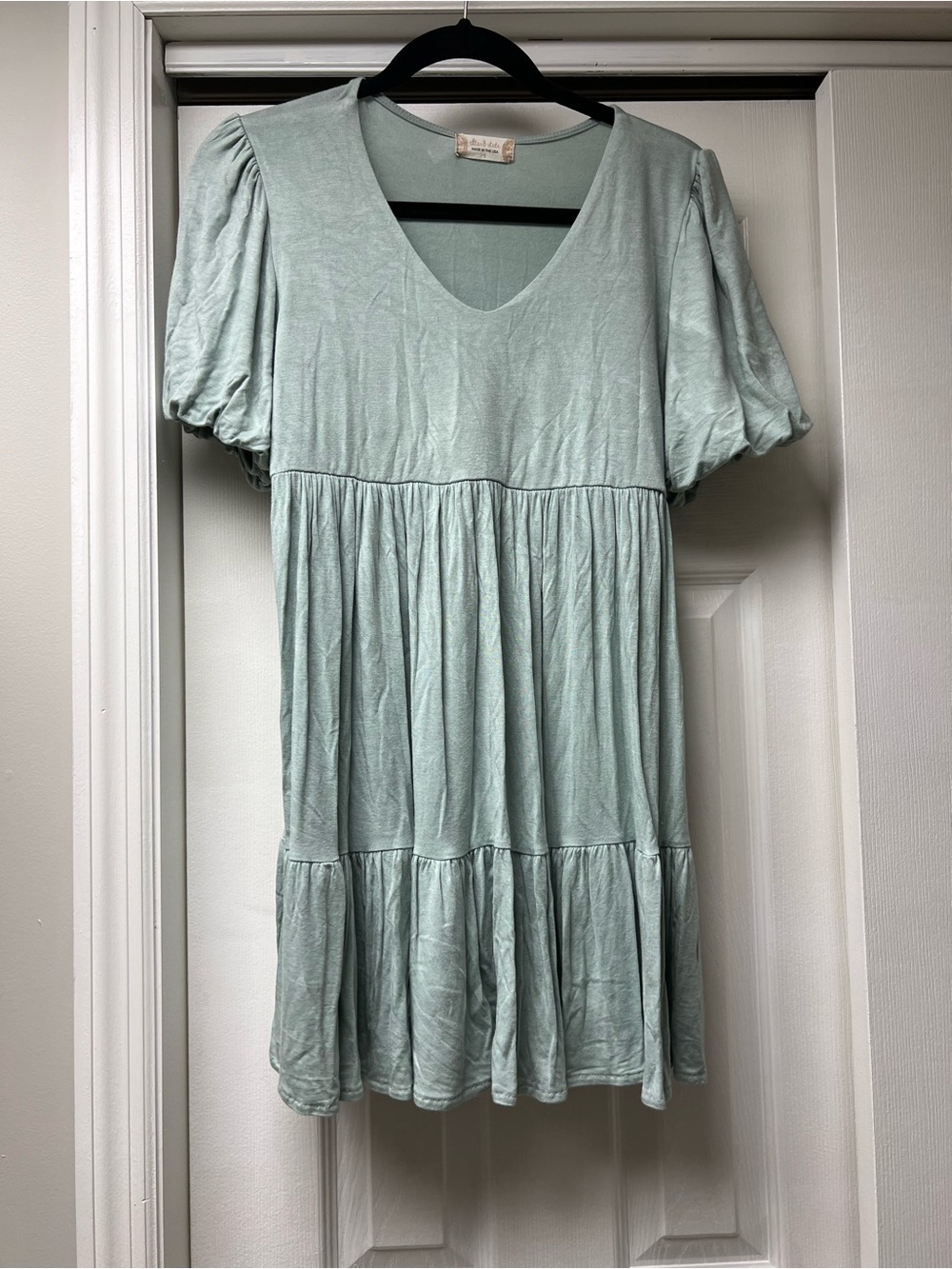 Altar'd State Sage Puff-Sleeve Tiered Mini Dress